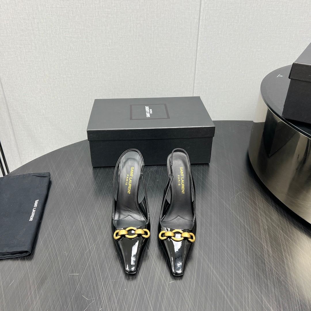 GOLD CHAIN ATTACHED HIGH SLINGBACK IN BLACK GLOSSY CALFSKIN - 34