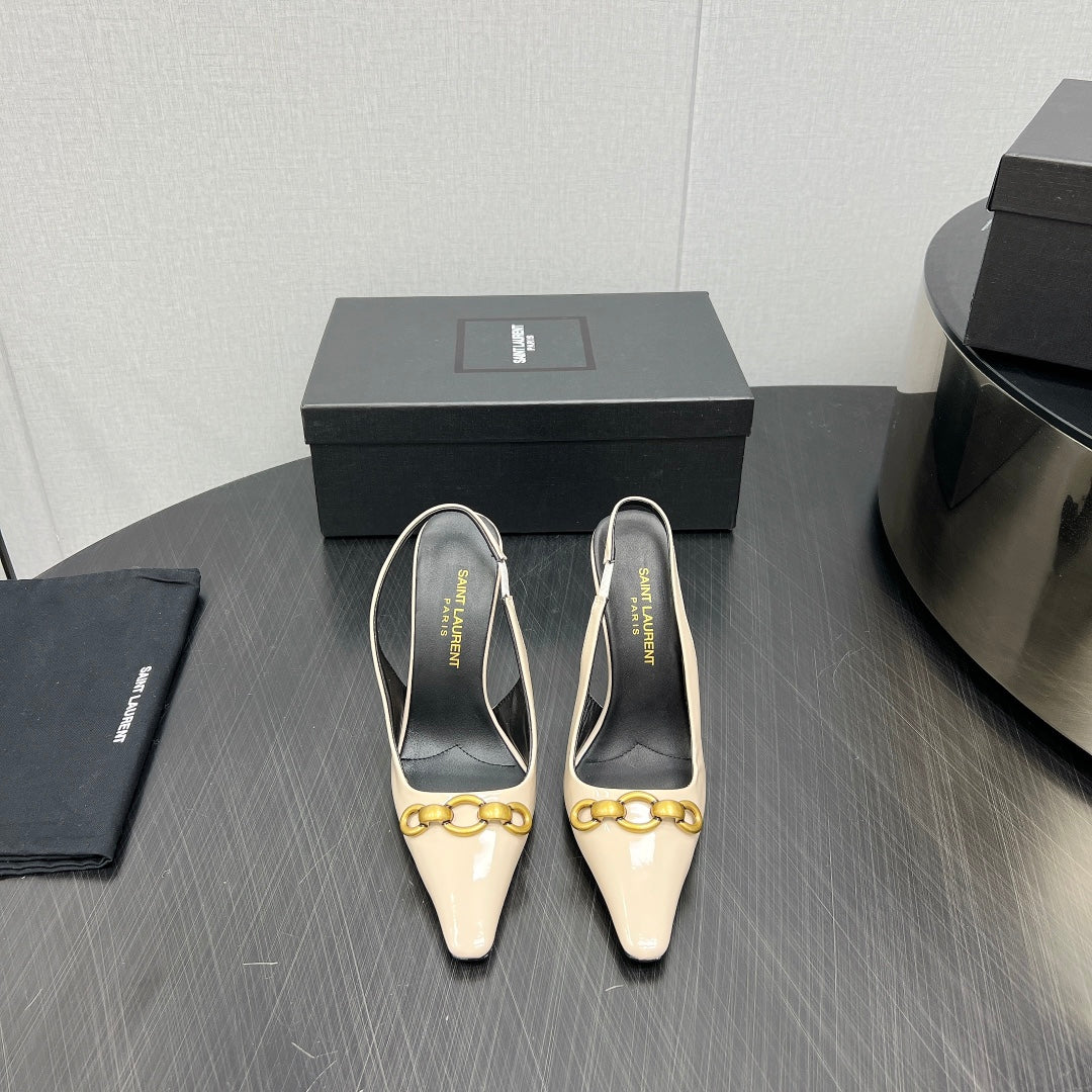 GOLD CHAIN ATTACHED HIGH SLINGBACK IN CREAM GLOSSY CALFSKIN - 34