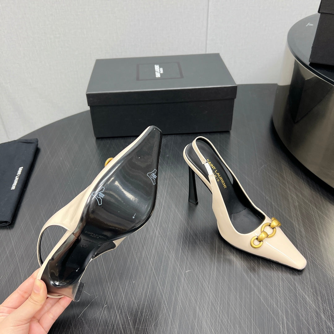 GOLD CHAIN ATTACHED HIGH SLINGBACK IN CREAM GLOSSY CALFSKIN - 34