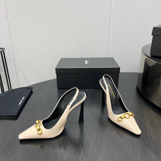 GOLD CHAIN ATTACHED HIGH SLINGBACK IN CREAM GLOSSY CALFSKIN - 34