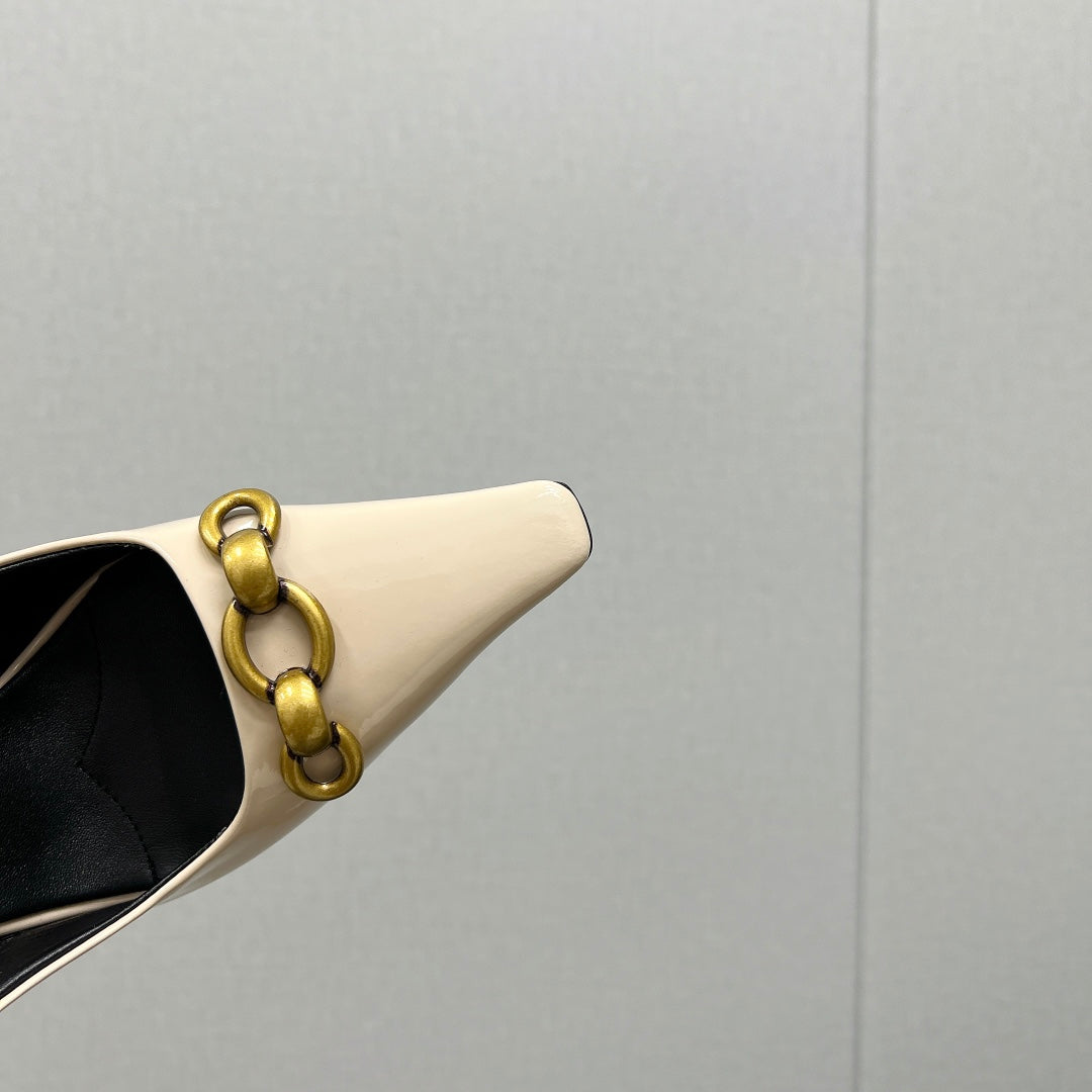 GOLD CHAIN ATTACHED HIGH SLINGBACK IN CREAM GLOSSY CALFSKIN - 34