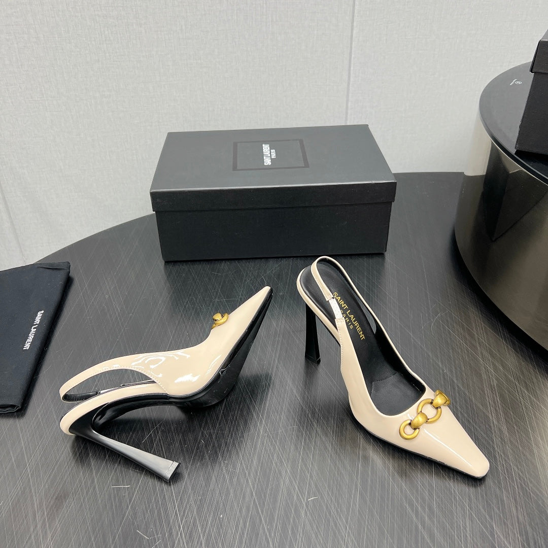 GOLD CHAIN ATTACHED HIGH SLINGBACK IN CREAM GLOSSY CALFSKIN - 34