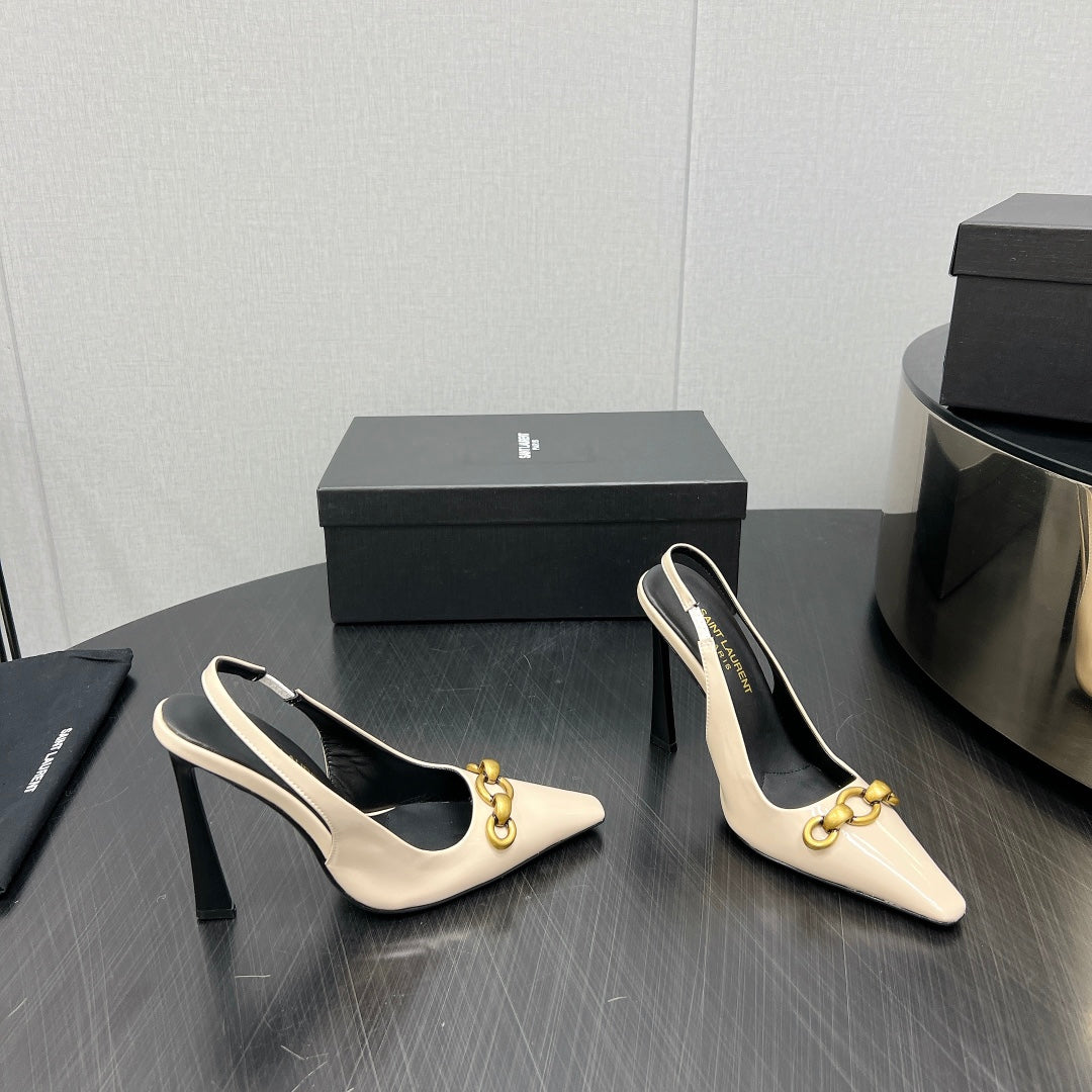 GOLD CHAIN ATTACHED HIGH SLINGBACK IN CREAM GLOSSY CALFSKIN - 34