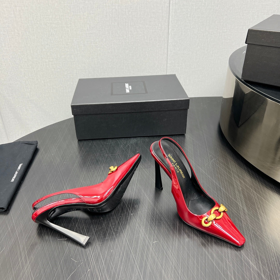 GOLD CHAIN ATTACHED HIGH SLINGBACK IN RED GLOSSY CALFSKIN - 34