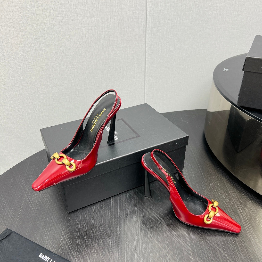 GOLD CHAIN ATTACHED HIGH SLINGBACK IN RED GLOSSY CALFSKIN - 34