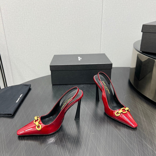 GOLD CHAIN ATTACHED HIGH SLINGBACK IN RED GLOSSY CALFSKIN - 34