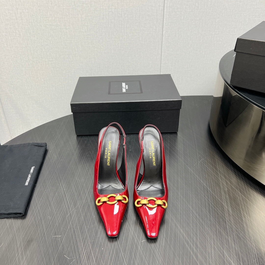 GOLD CHAIN ATTACHED HIGH SLINGBACK IN RED GLOSSY CALFSKIN - 34
