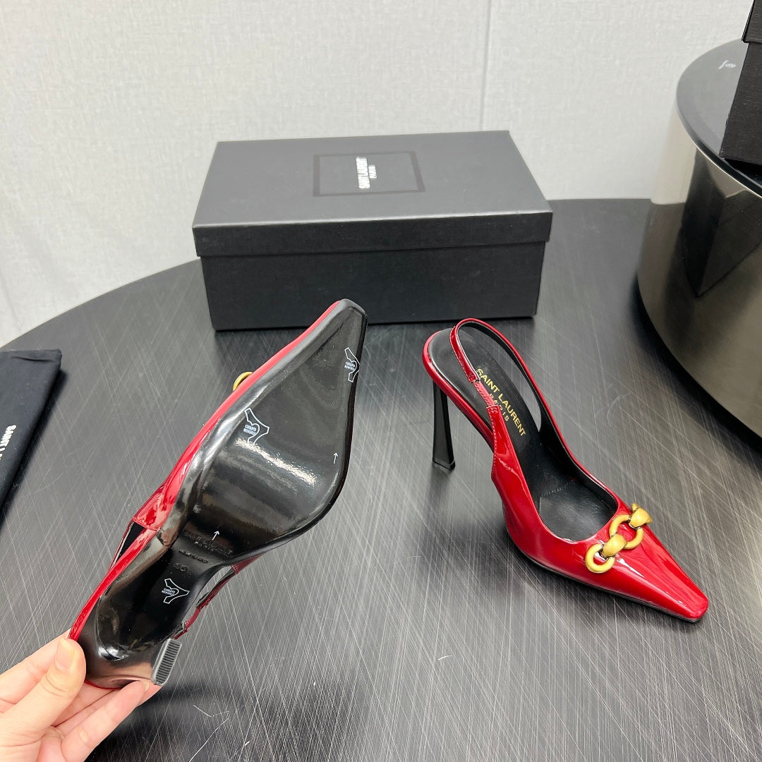GOLD CHAIN ATTACHED HIGH SLINGBACK IN RED GLOSSY CALFSKIN - 34