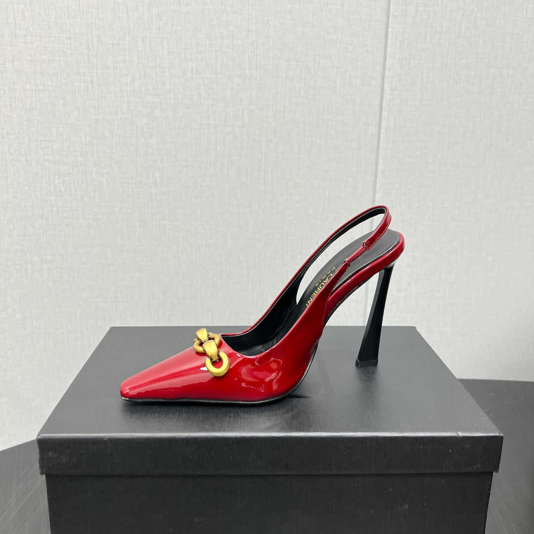 GOLD CHAIN ATTACHED HIGH SLINGBACK IN RED GLOSSY CALFSKIN - 34