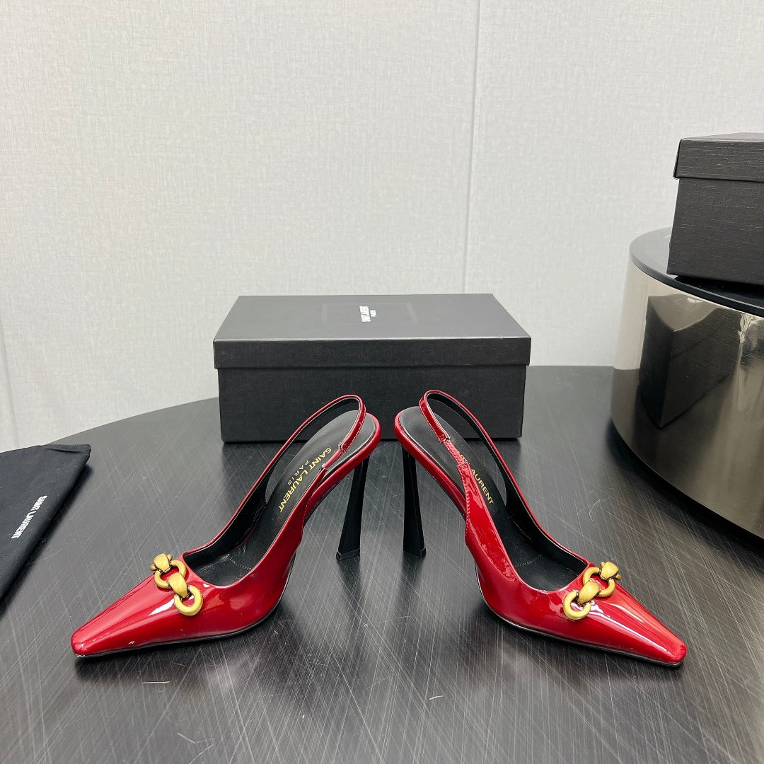 GOLD CHAIN ATTACHED HIGH SLINGBACK IN RED GLOSSY CALFSKIN - 34