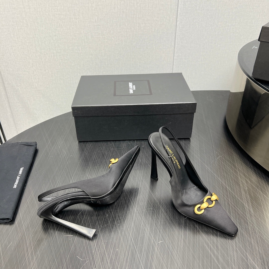 GOLD CHAIN ATTACHED HIGH SLINGBACK IN BLACK SILK - 34