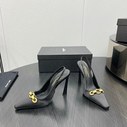 GOLD CHAIN ATTACHED HIGH SLINGBACK IN BLACK SILK - 34