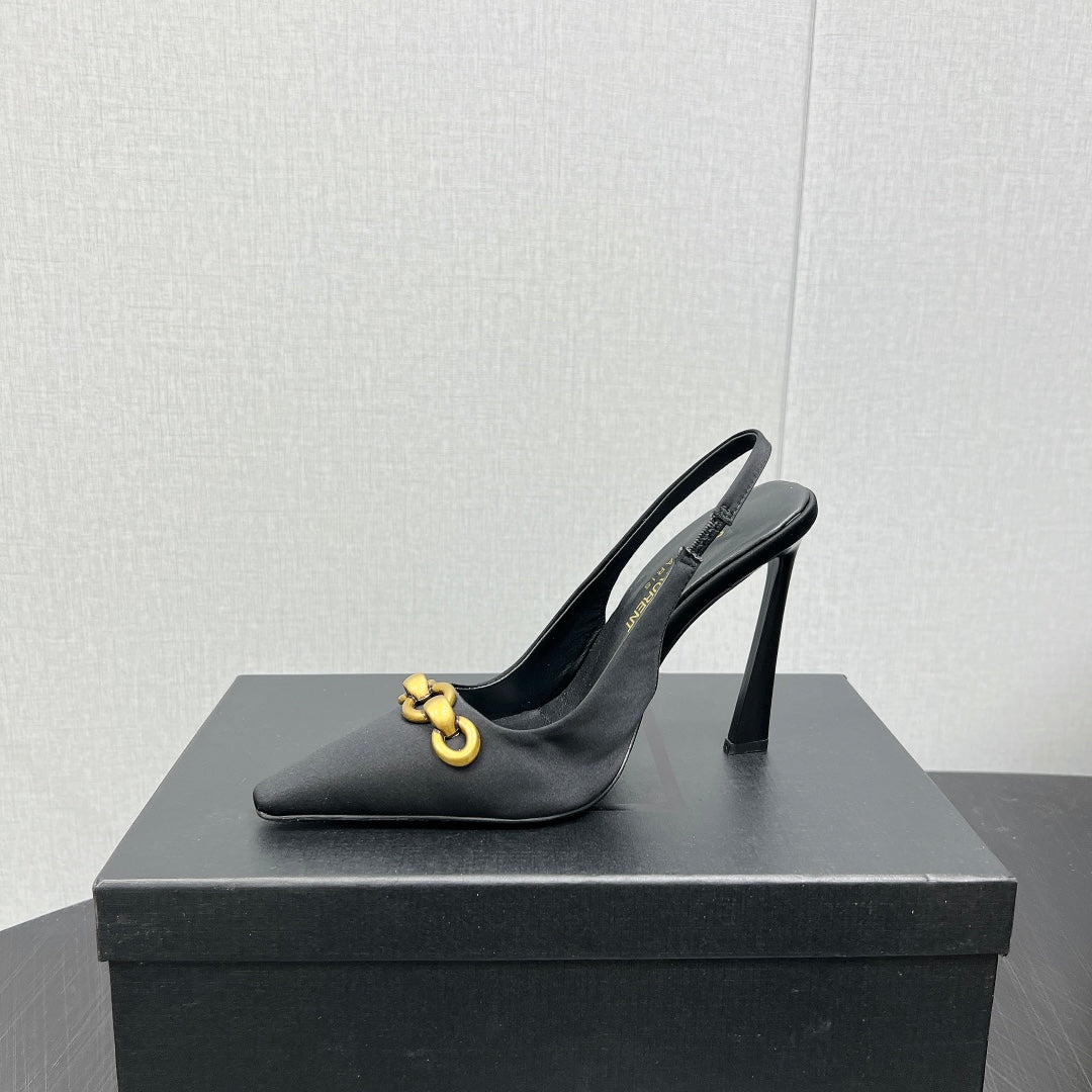 GOLD CHAIN ATTACHED HIGH SLINGBACK IN BLACK SILK - 34