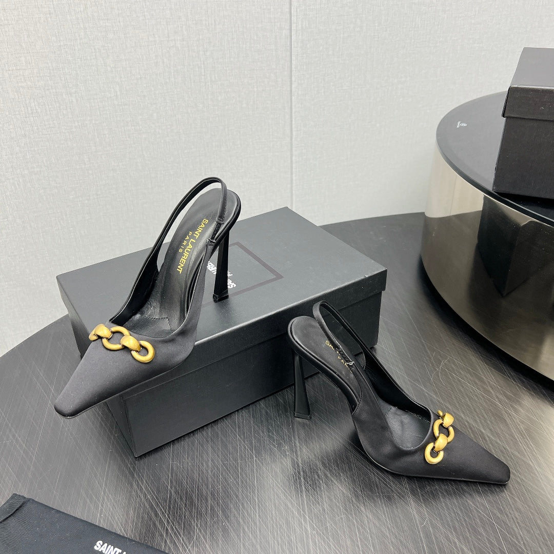 GOLD CHAIN ATTACHED HIGH SLINGBACK IN BLACK SILK - 34