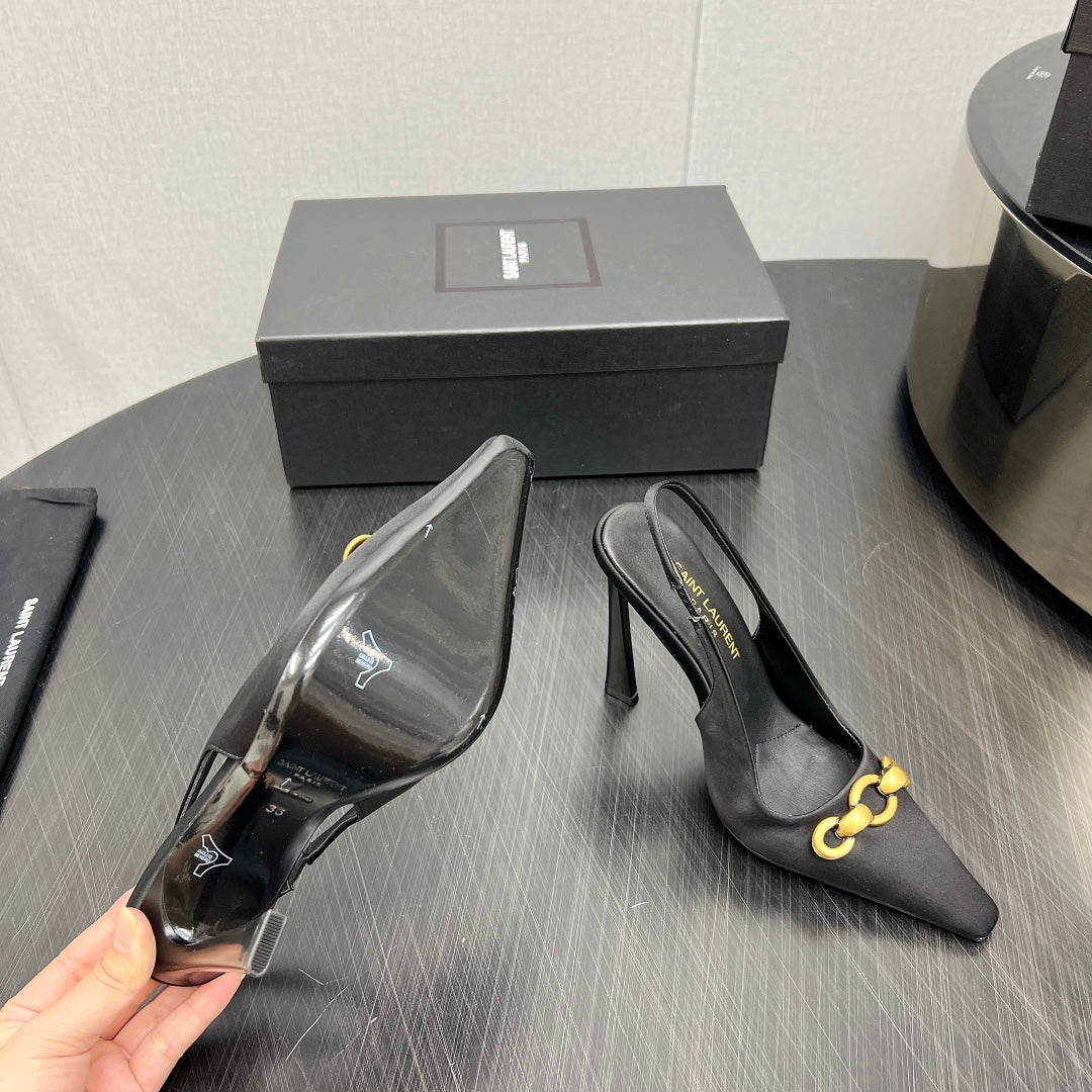 GOLD CHAIN ATTACHED HIGH SLINGBACK IN BLACK SILK - 34