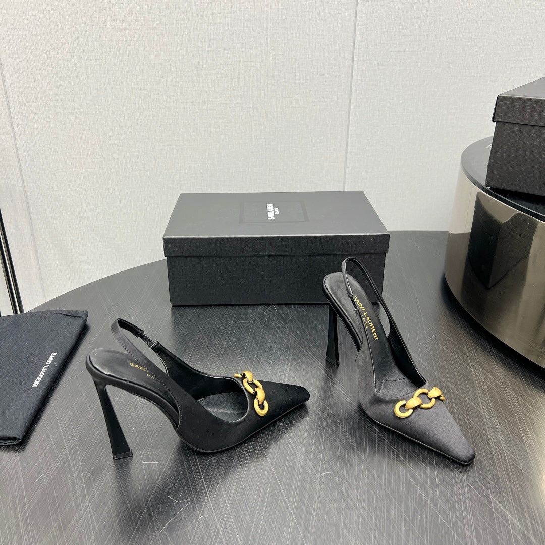 GOLD CHAIN ATTACHED HIGH SLINGBACK IN BLACK SILK - 34
