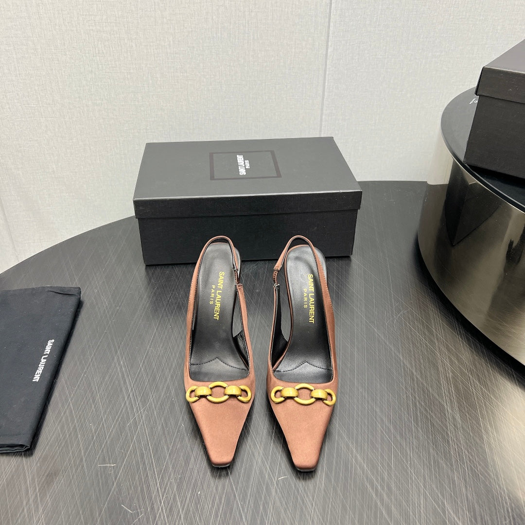 GOLD CHAIN ATTACHED HIGH SLINGBACK IN TOFFEE BROWN SILK - 34