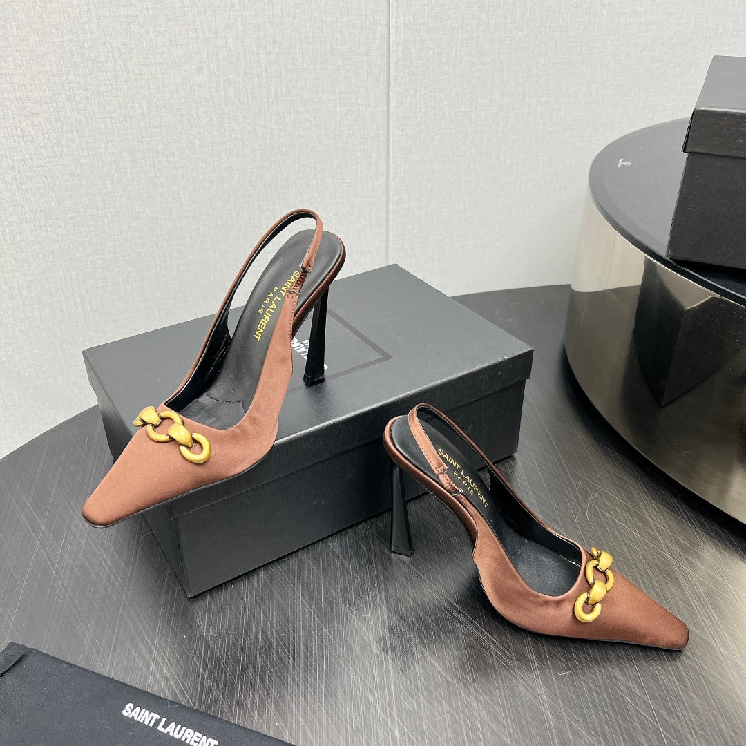 GOLD CHAIN ATTACHED HIGH SLINGBACK IN TOFFEE BROWN SILK - 34