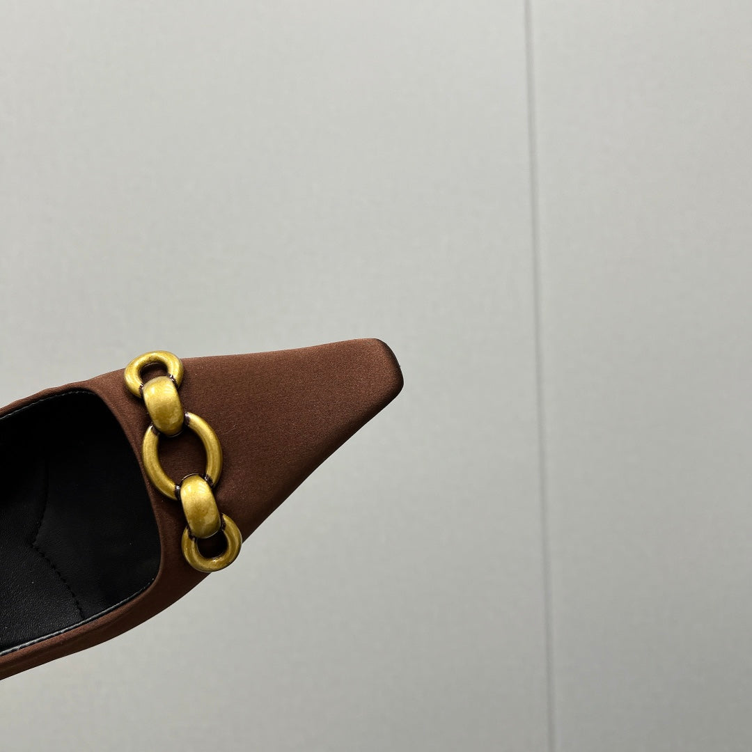 GOLD CHAIN ATTACHED HIGH SLINGBACK IN TOFFEE BROWN SILK - 34