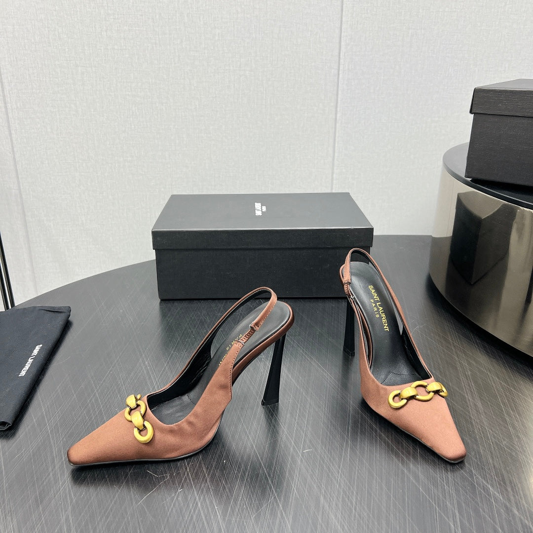 GOLD CHAIN ATTACHED HIGH SLINGBACK IN TOFFEE BROWN SILK - 34