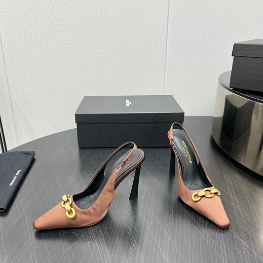 GOLD CHAIN ATTACHED HIGH SLINGBACK IN TOFFEE BROWN SILK - 34