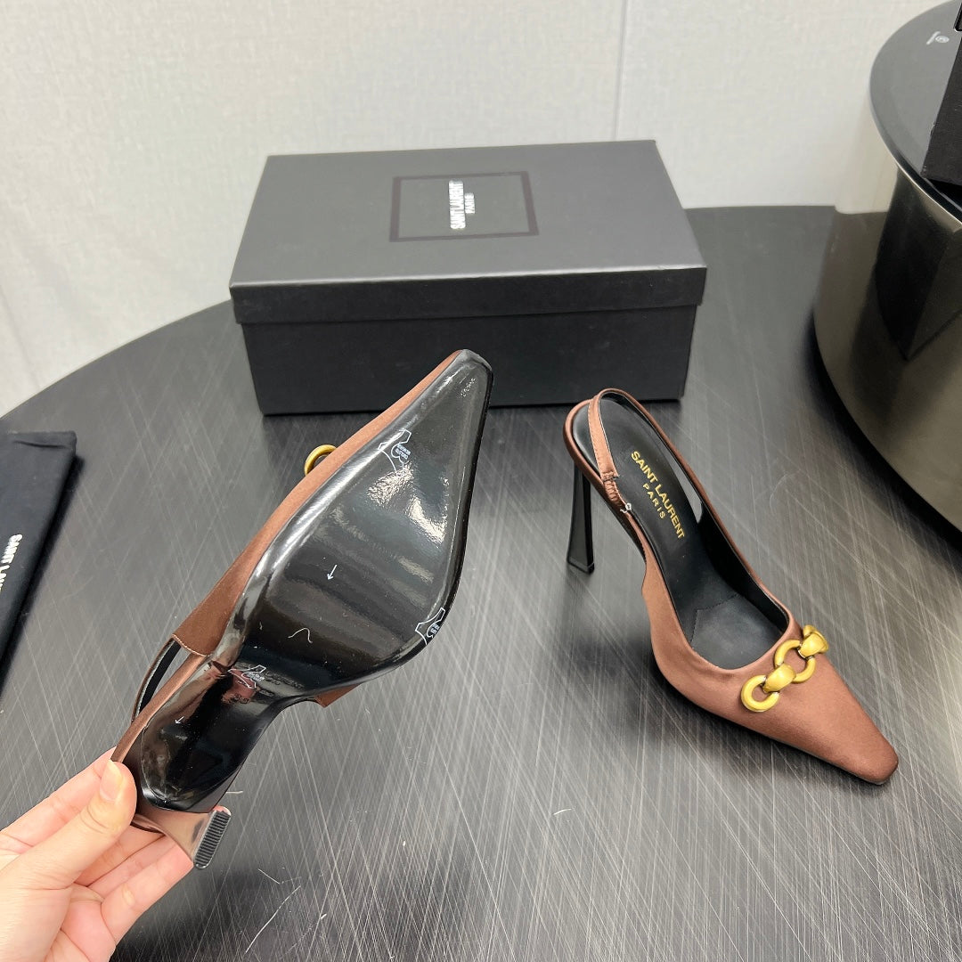 GOLD CHAIN ATTACHED HIGH SLINGBACK IN TOFFEE BROWN SILK - 34