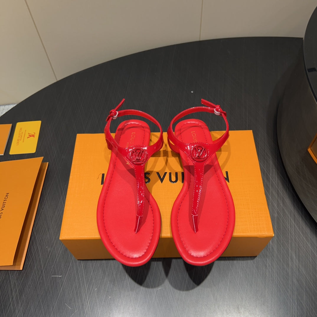 LV THONG SANDALS 25S IN RED CALFSKIN WITH RED HARDWARE - 35