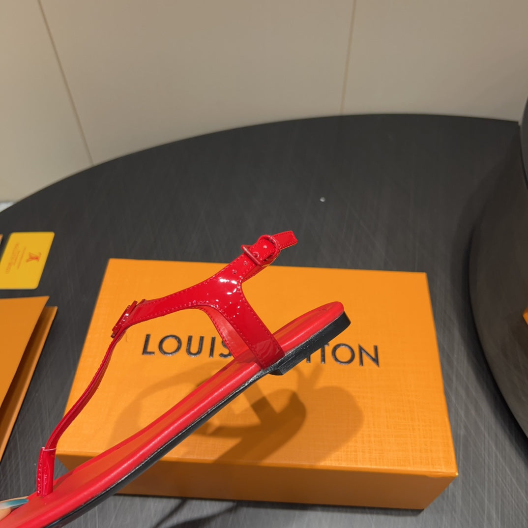 LV THONG SANDALS 25S IN RED CALFSKIN WITH RED HARDWARE - 35