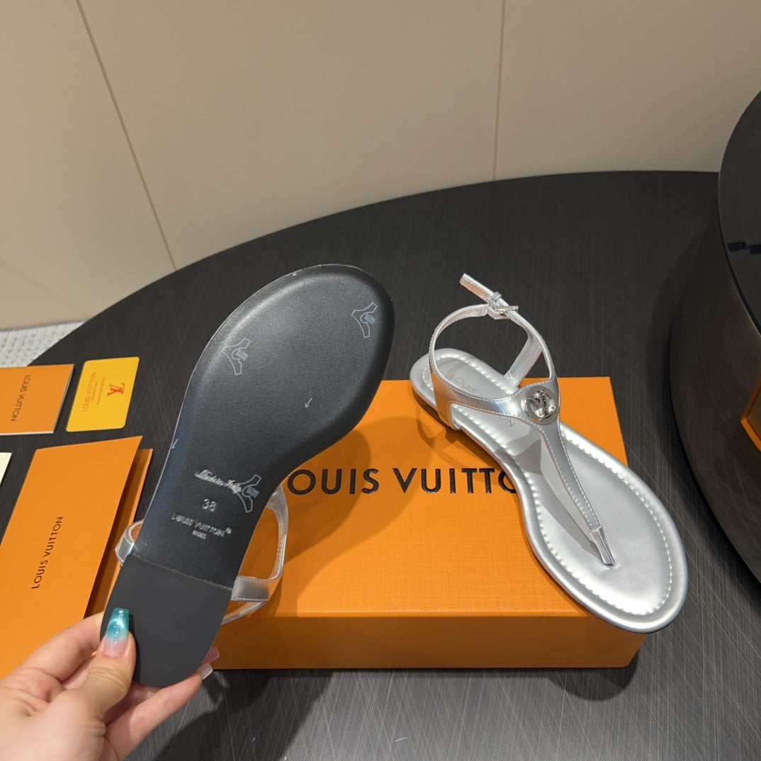 LV THONG SANDALS 25S IN SILVER CALFSKIN WITH SILVER HARDWARE - 35