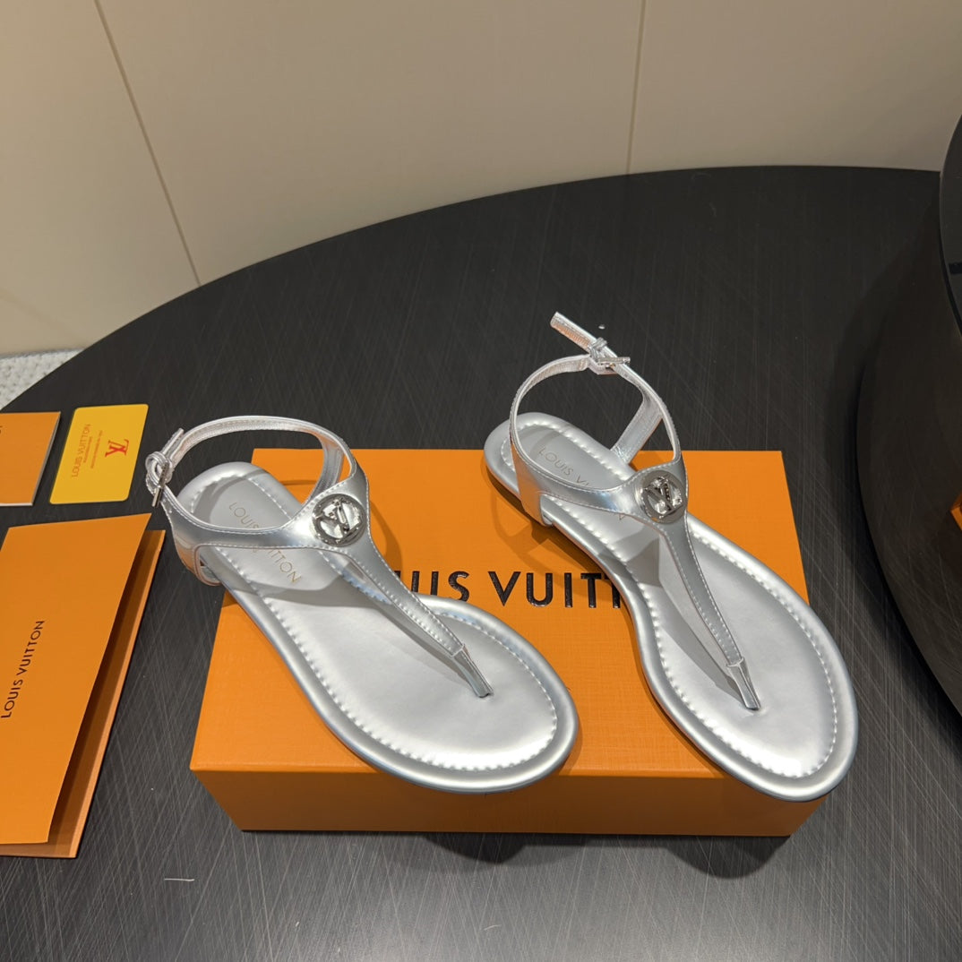 LV THONG SANDALS 25S IN SILVER CALFSKIN WITH SILVER HARDWARE - 35