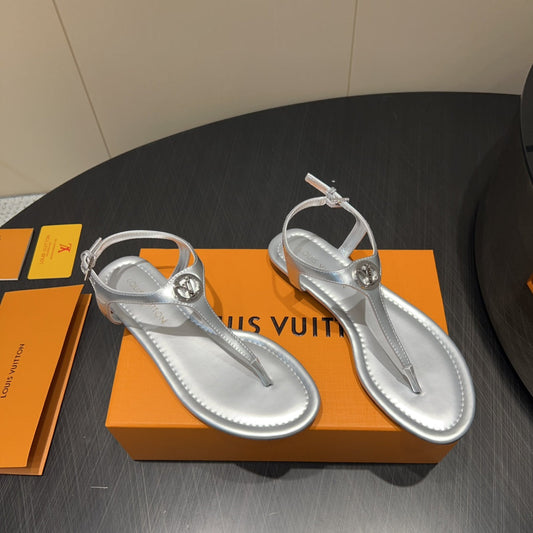 LV THONG SANDALS 25S IN SILVER CALFSKIN WITH SILVER HARDWARE - 35