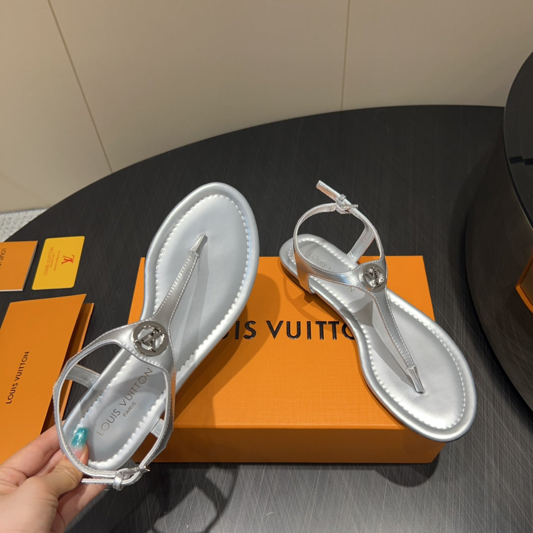 LV THONG SANDALS 25S IN SILVER CALFSKIN WITH SILVER HARDWARE - 35