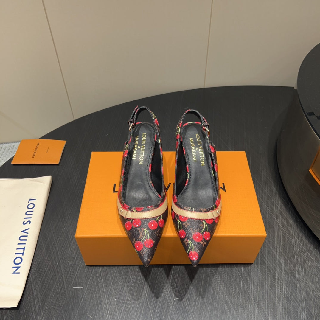 LV HIGH SLINGBACK LOGO AND CHERRY PRINT 25S 55MM IN DARK BROWN CALFSKIN - 35
