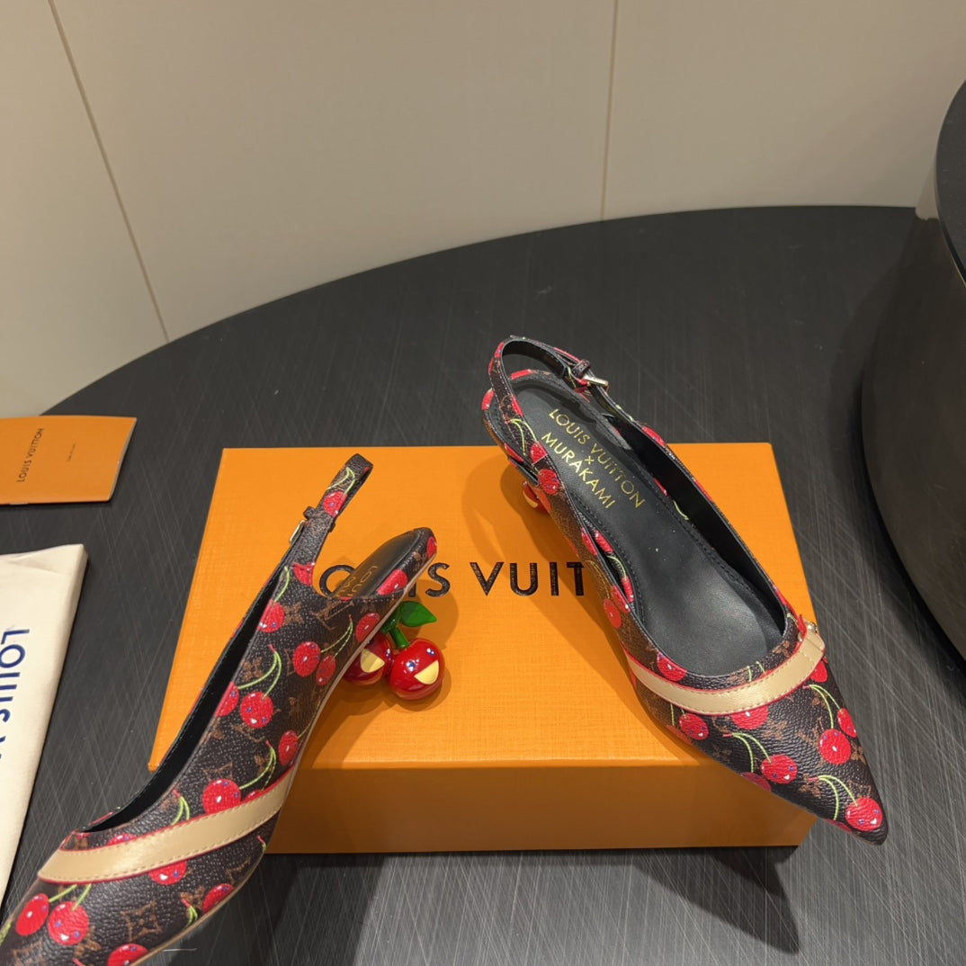 LV HIGH SLINGBACK LOGO AND CHERRY PRINT 25S 55MM IN DARK BROWN CALFSKIN - 35