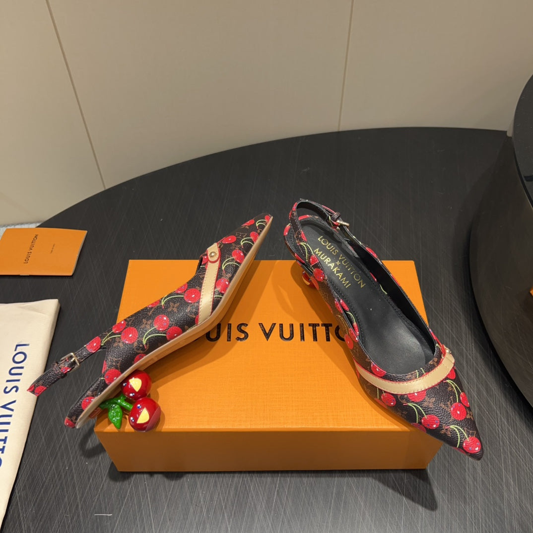 LV HIGH SLINGBACK LOGO AND CHERRY PRINT 25S 55MM IN DARK BROWN CALFSKIN - 35