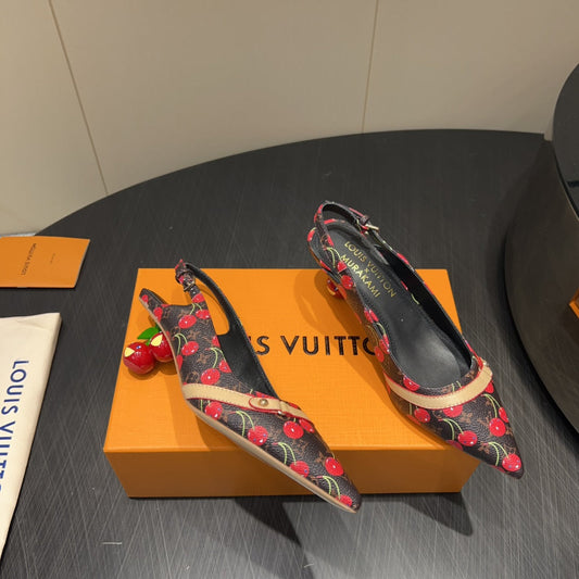 LV HIGH SLINGBACK LOGO AND CHERRY PRINT 25S 55MM IN DARK BROWN CALFSKIN - 35