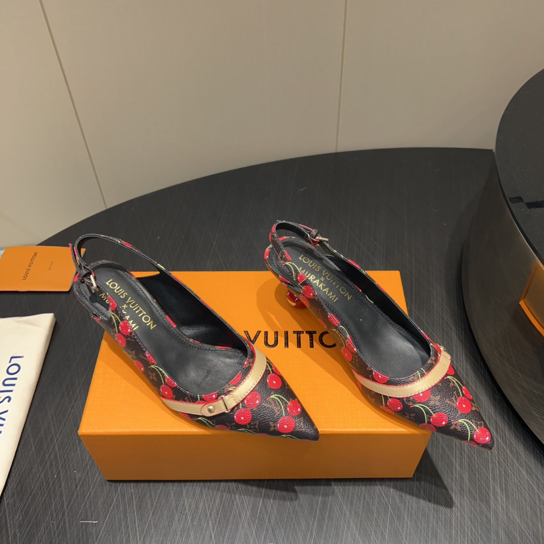 LV HIGH SLINGBACK LOGO AND CHERRY PRINT 25S 55MM IN DARK BROWN CALFSKIN - 35