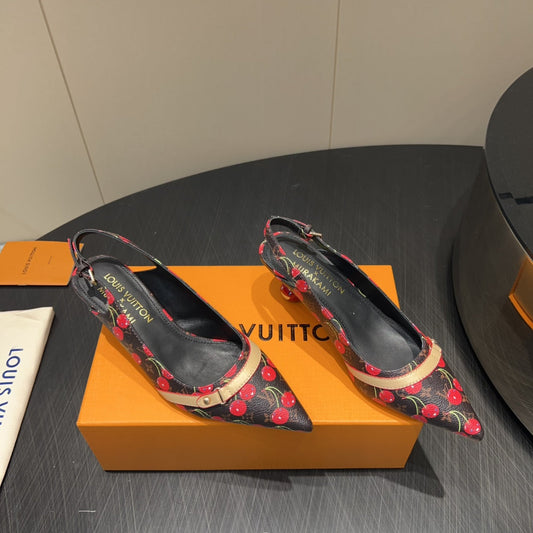 LV HIGH SLINGBACK LOGO AND CHERRY PRINT 25S 55MM IN DARK BROWN CALFSKIN - 35