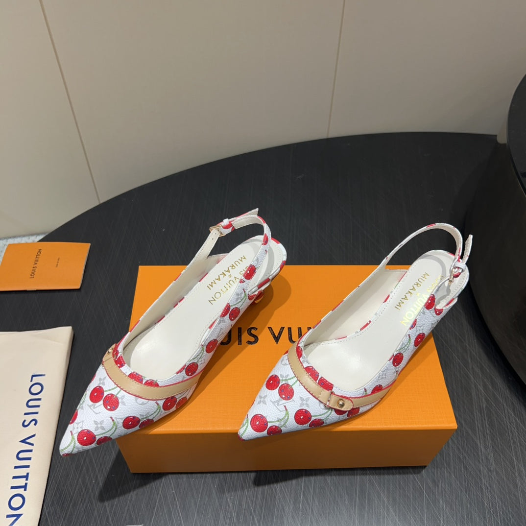 LV HIGH SLINGBACK LOGO AND CHERRY PRINT 25S 55 MM IN WHITE CALFSKIN - 35