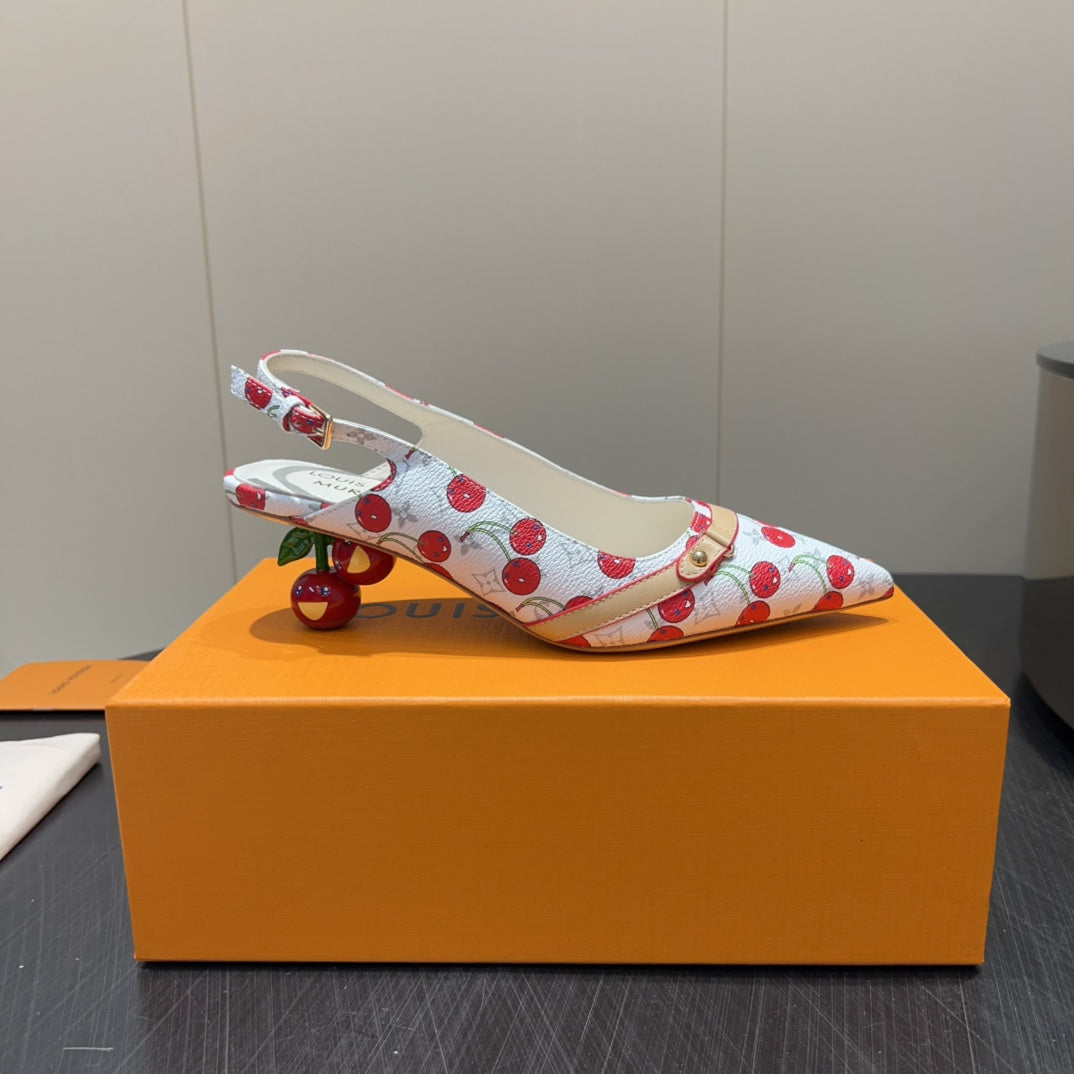 LV HIGH SLINGBACK LOGO AND CHERRY PRINT 25S 55 MM IN WHITE CALFSKIN - 35