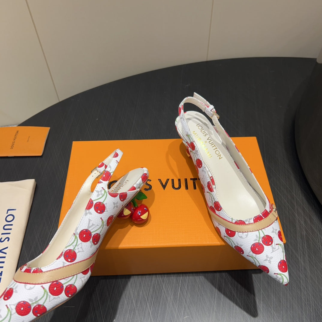 LV HIGH SLINGBACK LOGO AND CHERRY PRINT 25S 55 MM IN WHITE CALFSKIN - 35