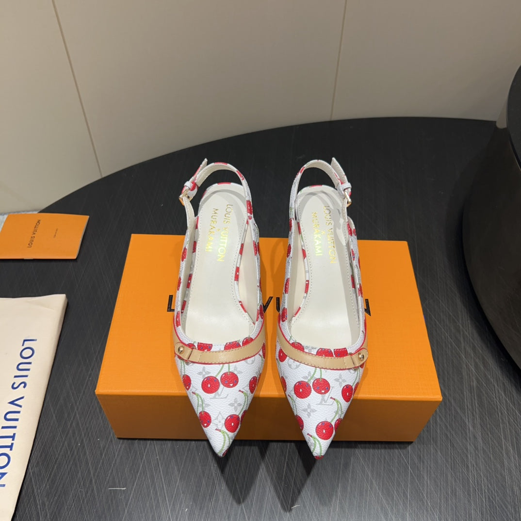 LV HIGH SLINGBACK LOGO AND CHERRY PRINT 25S 55 MM IN WHITE CALFSKIN - 35