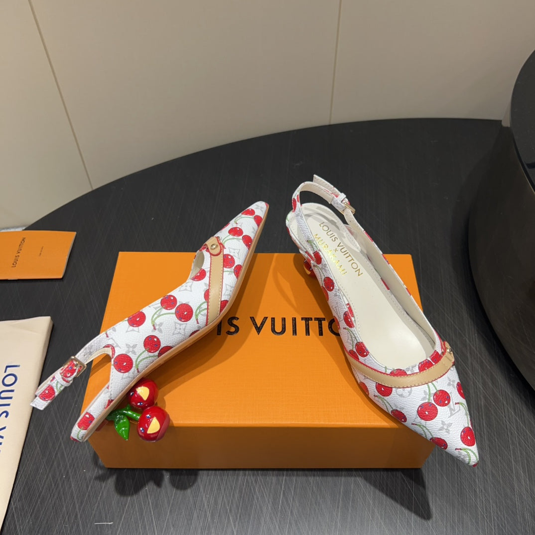 LV HIGH SLINGBACK LOGO AND CHERRY PRINT 25S 55 MM IN WHITE CALFSKIN - 35
