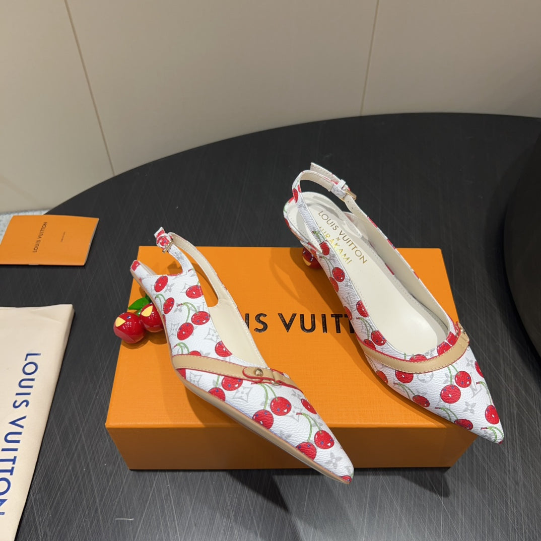 LV HIGH SLINGBACK LOGO AND CHERRY PRINT 25S 55 MM IN WHITE CALFSKIN - 35