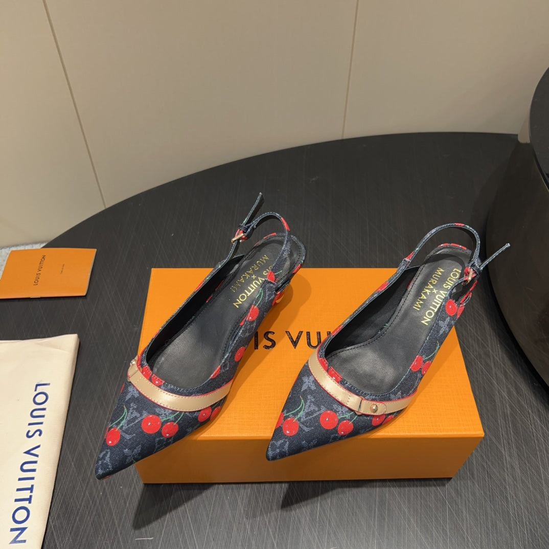 LV HIGH SLINGBACK LOGO AND CHERRY PRINT 25S 55MM IN CHARCOAL BLACK DENIM - 35