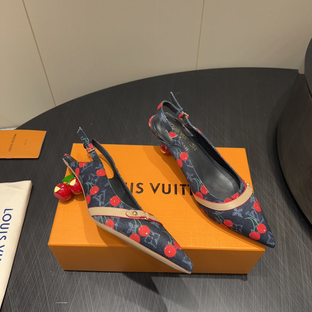 LV HIGH SLINGBACK LOGO AND CHERRY PRINT 25S 55MM IN CHARCOAL BLACK DENIM - 35