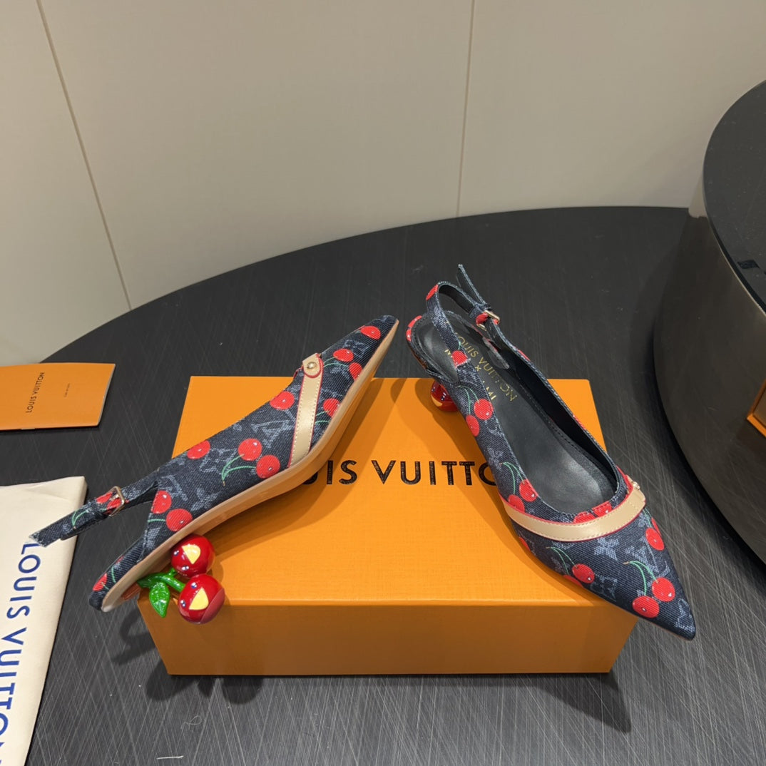 LV HIGH SLINGBACK LOGO AND CHERRY PRINT 25S 55MM IN CHARCOAL BLACK DENIM - 35