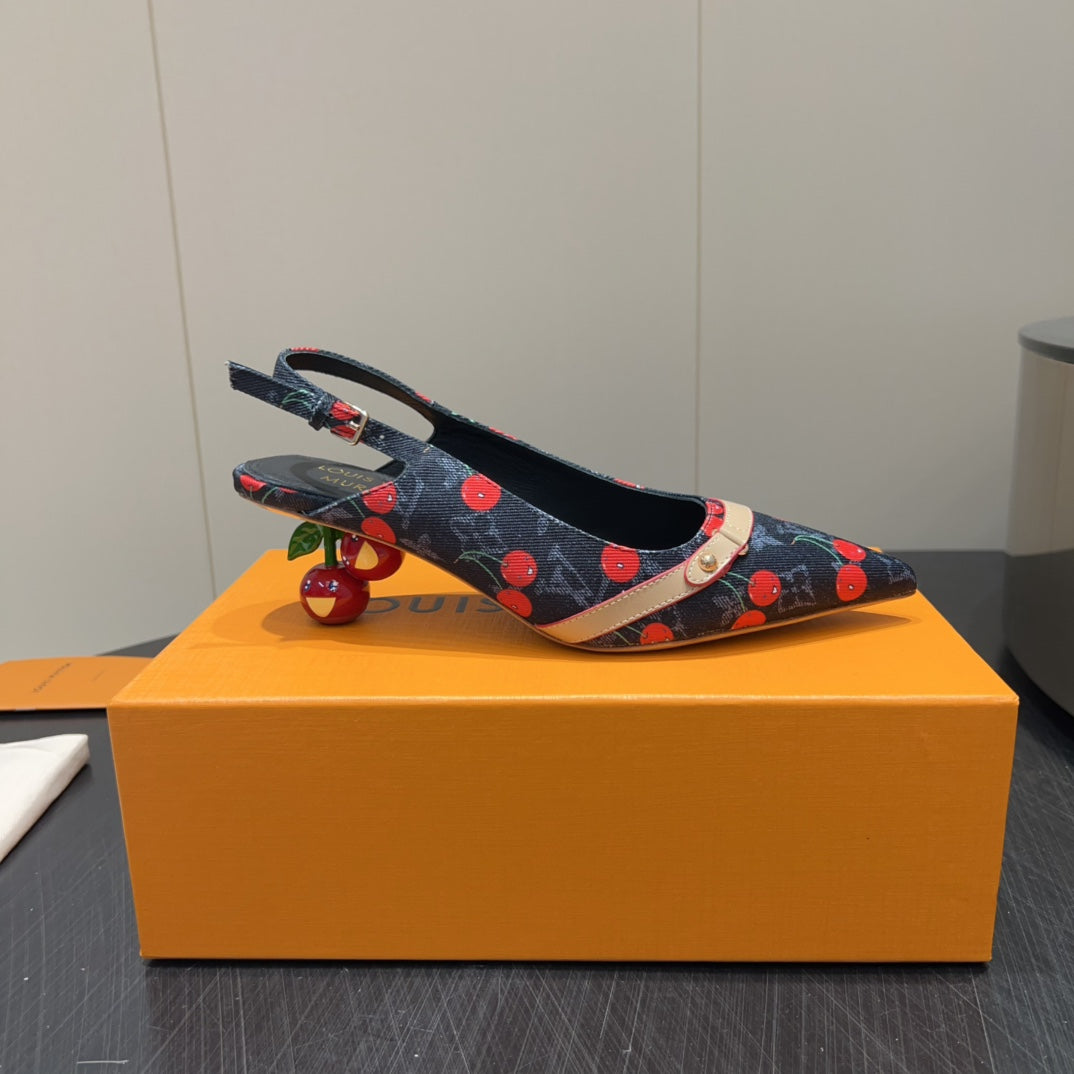 LV HIGH SLINGBACK LOGO AND CHERRY PRINT 25S 55MM IN CHARCOAL BLACK DENIM - 35