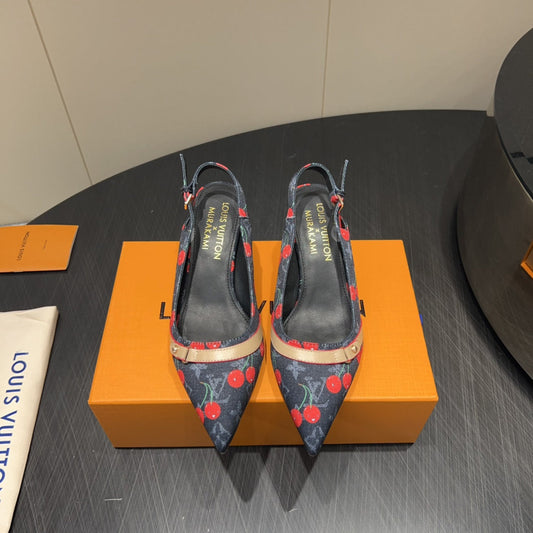 LV HIGH SLINGBACK LOGO AND CHERRY PRINT 25S 55MM IN CHARCOAL BLACK DENIM - 35