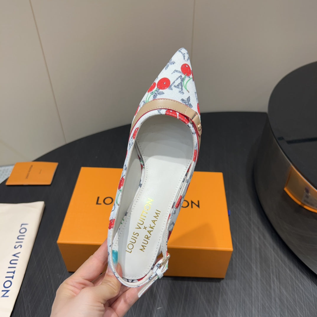 LV HIGH SLINGBACK LOGO AND CHERRY PRINT 25S 55MM IN WHITE DENIM - 35
